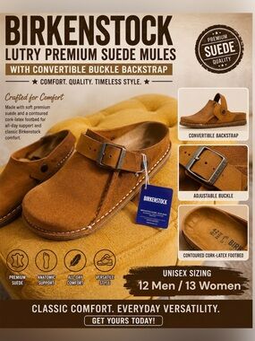 Birkenstock Lutry Premium 365 Suede Slip On Clogs, Size 12 US Mink(Rust)